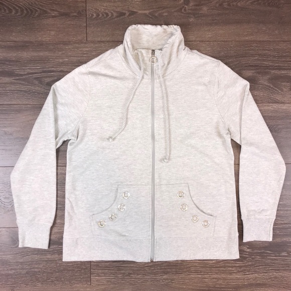 Coral Bay Women’s Full Zip Solid Gray Mock Neck Shiny Bling Sweater Sz L NEW - Picture 1 of 6